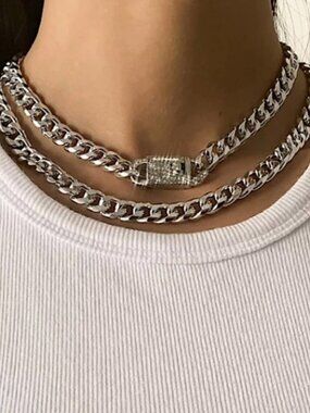 NEW SILVER RHINESTONE LOCK CUBAN CHAIN LINK LAYER CHOKER NECKLACE